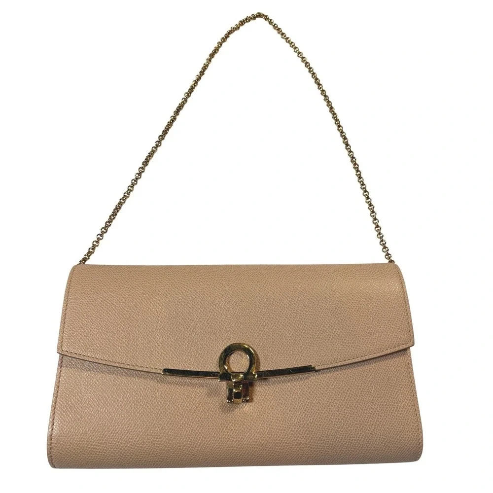 Salvatore Ferragamo Gancini Beige Pebbled Leather Chain Shoulder Bag Gold - Picture 1 of 10